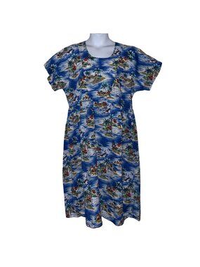 Vtg Hawaii Muumuu Beach Dress Womens 2XL Blue Mumu Floral Hawaiian Vacation